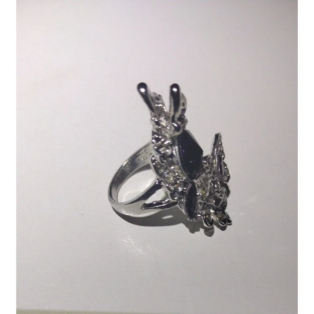Butterfly Statement Ring - Amethyst Purple Stone - Adjustable Costume Jewelry